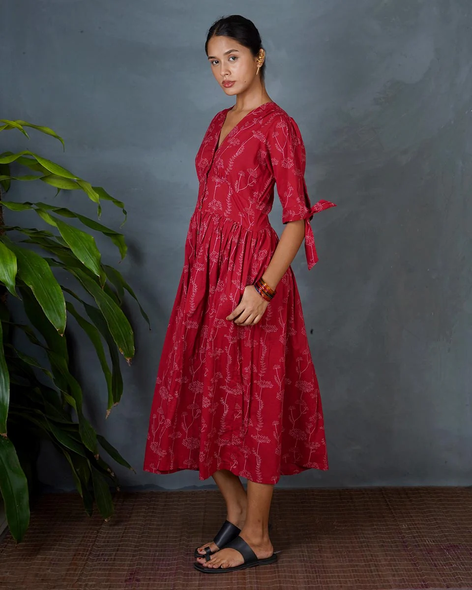 Saanjhika Red Hand Block Printed Cotton Dress-MYA - Image 9