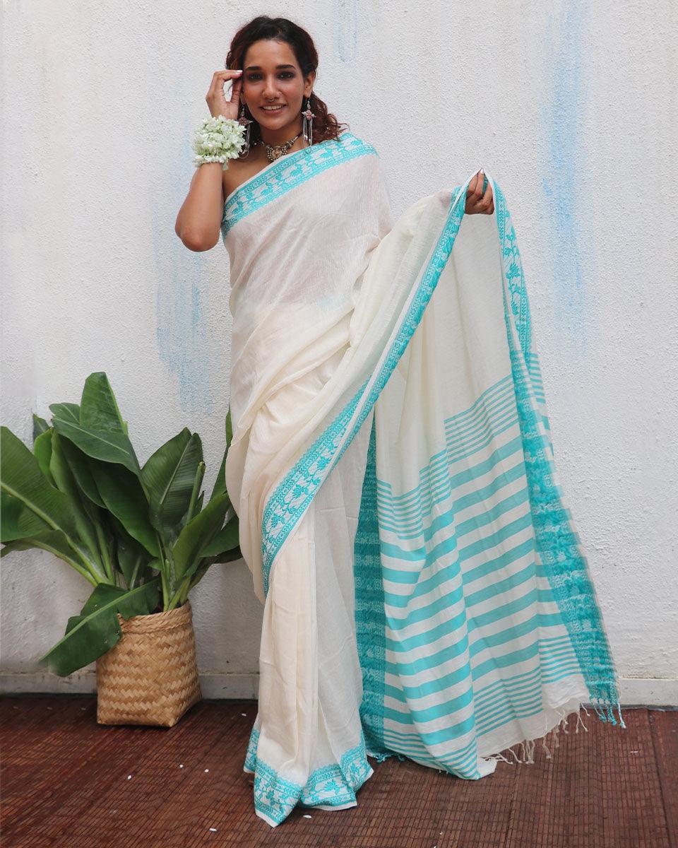 Sadhana Ivory Handwoven Linen Cotton Jamdani Saree - Uma - Image 9