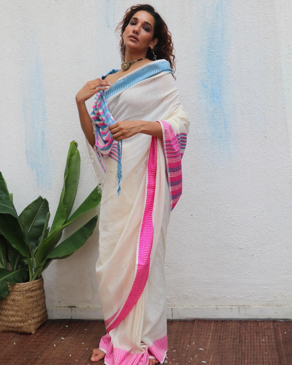 Sadhvi Ivory Handwoven Linen Cotton Jamdani Saree - Uma - Image 2