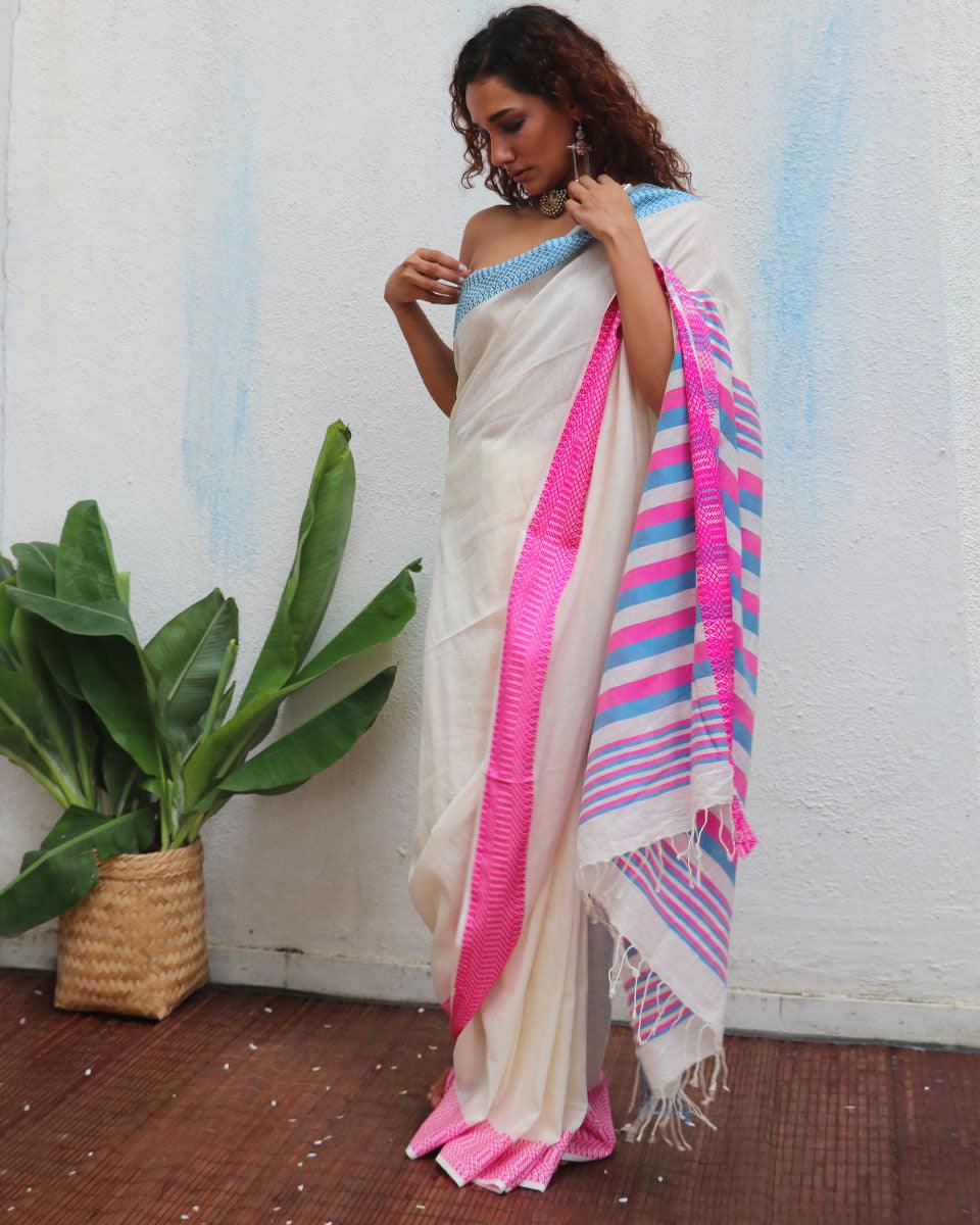 Sadhvi Ivory Handwoven Linen Cotton Jamdani Saree - Uma - Image 4