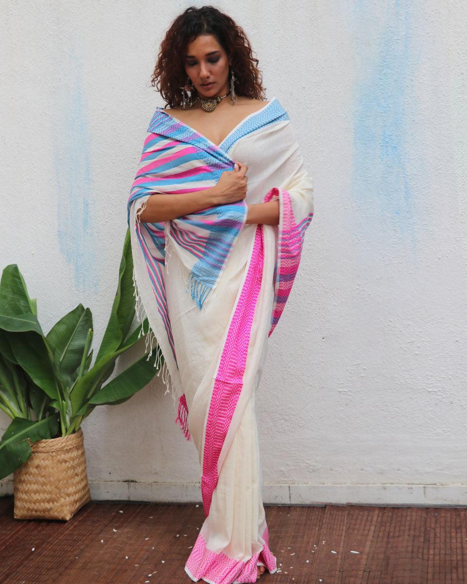 Sadhvi Ivory Handwoven Linen Cotton Jamdani Saree - Uma - Image 7