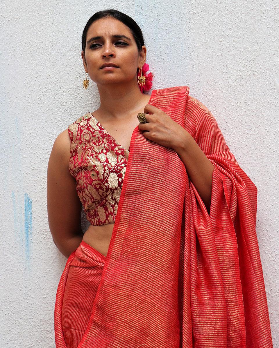 Red Handwoven Linen Zari Saree - TOG - Image 4