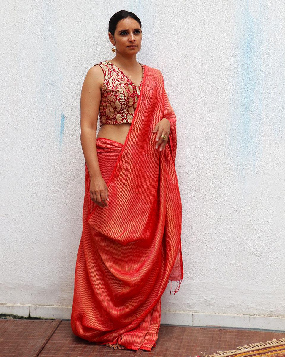 Red Handwoven Linen Zari Saree - TOG - Image 6