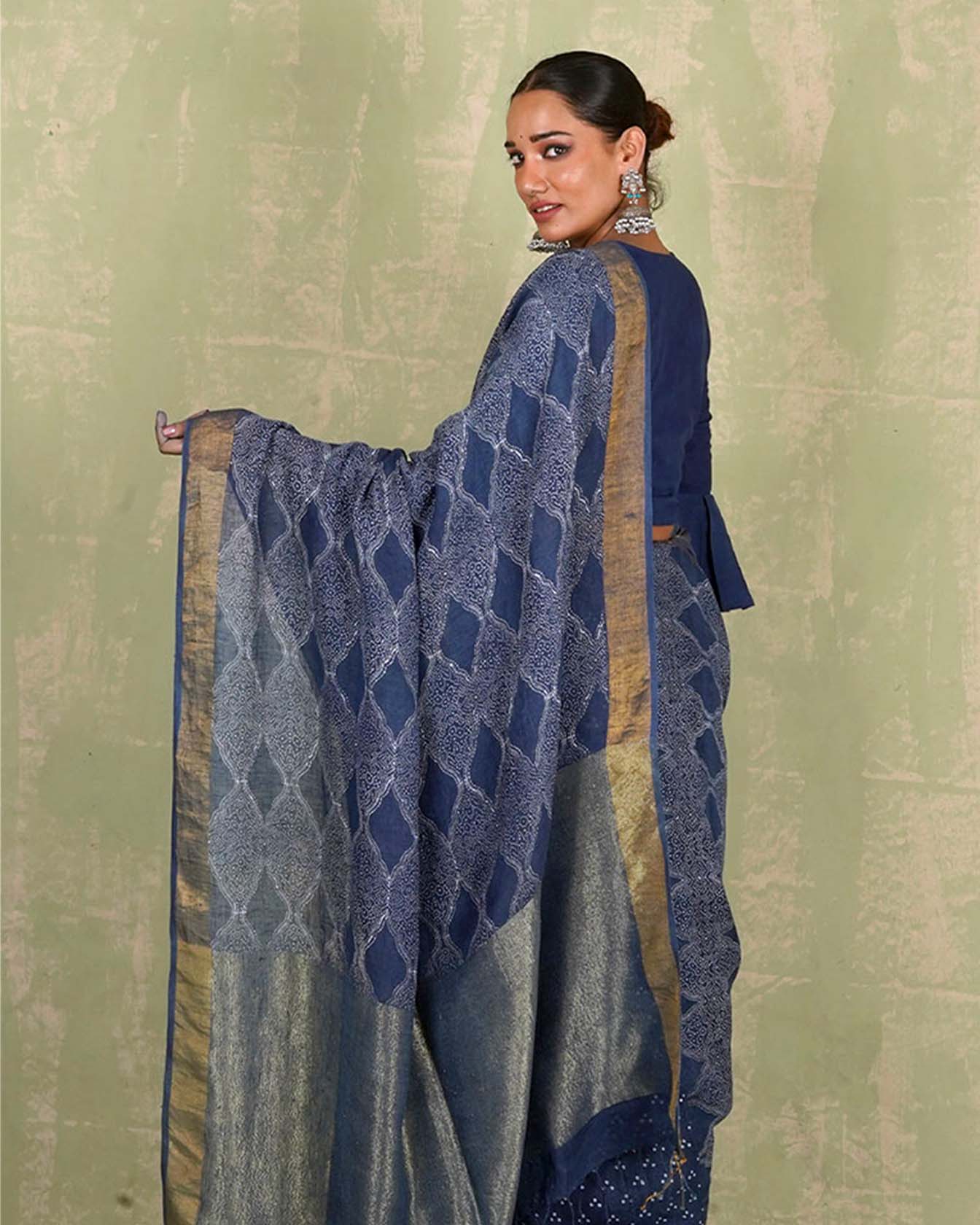 Sandhya Blue Handblock Print Linen Saree - INDI - Image 6