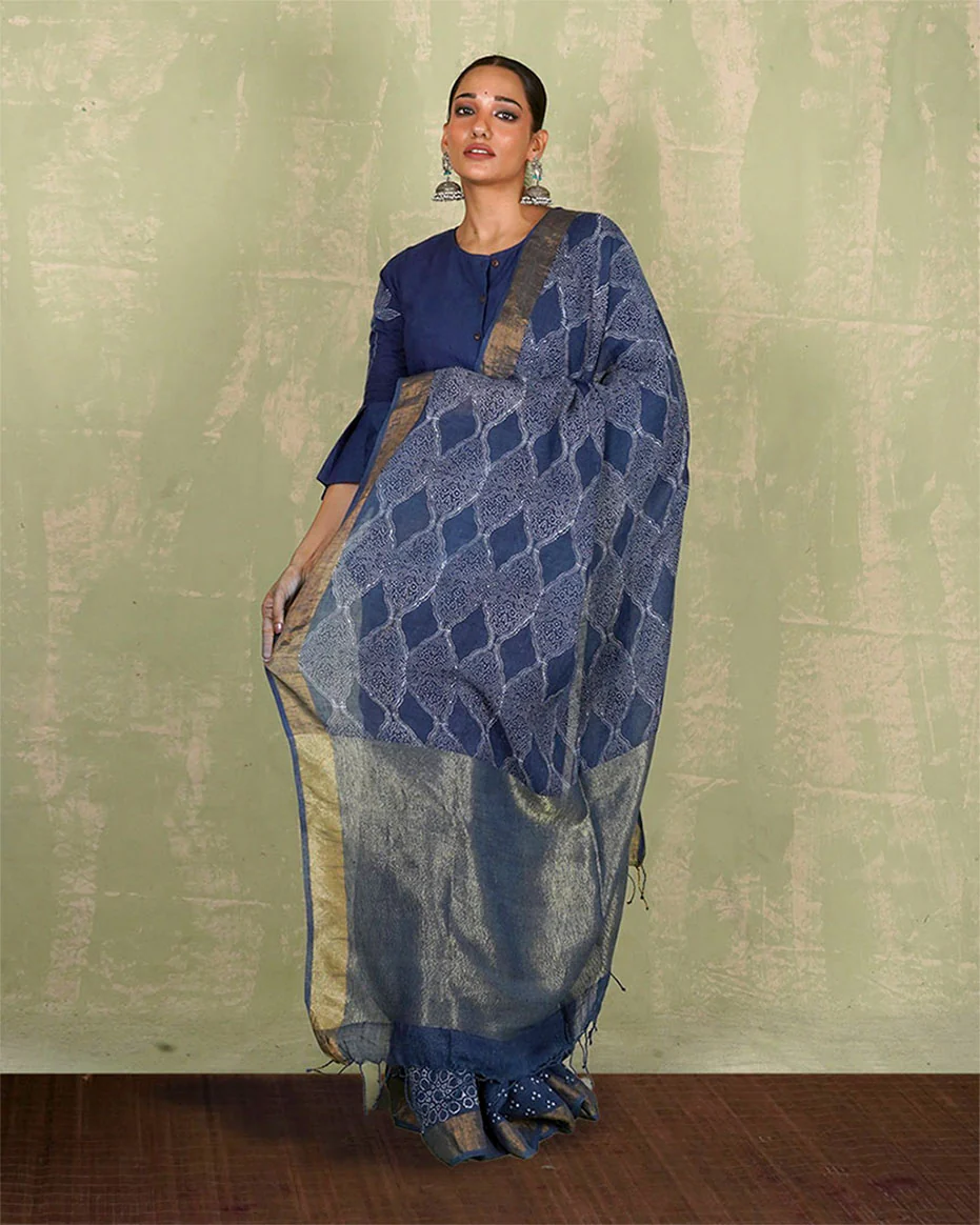 Sandhya Blue Handblock Print Linen Saree - INDI - Image 8