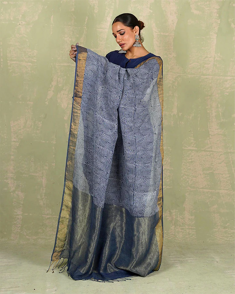Sanjh Tarini Blue Handblock Print Linen Saree - INDI - Image 2