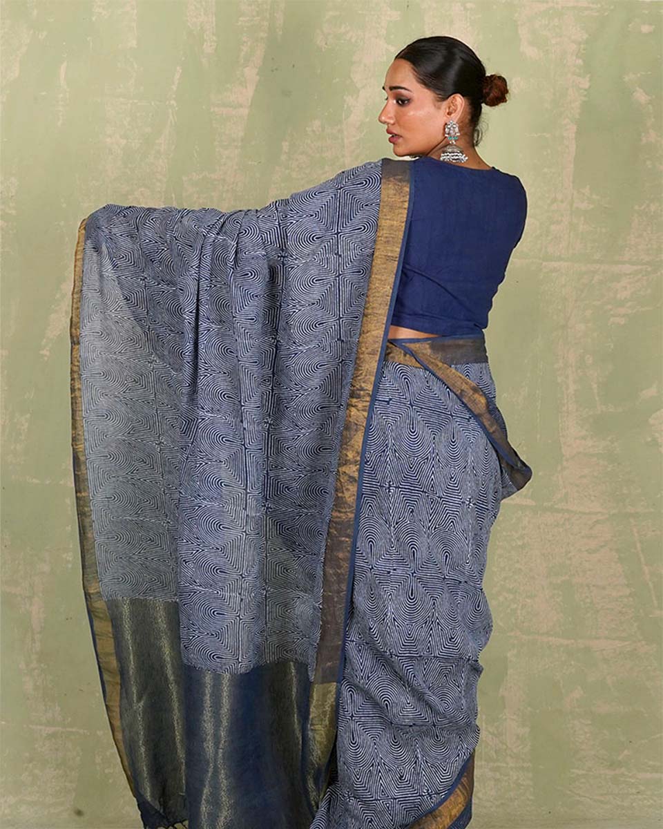 Sanjh Tarini Blue Handblock Print Linen Saree - INDI - Image 3
