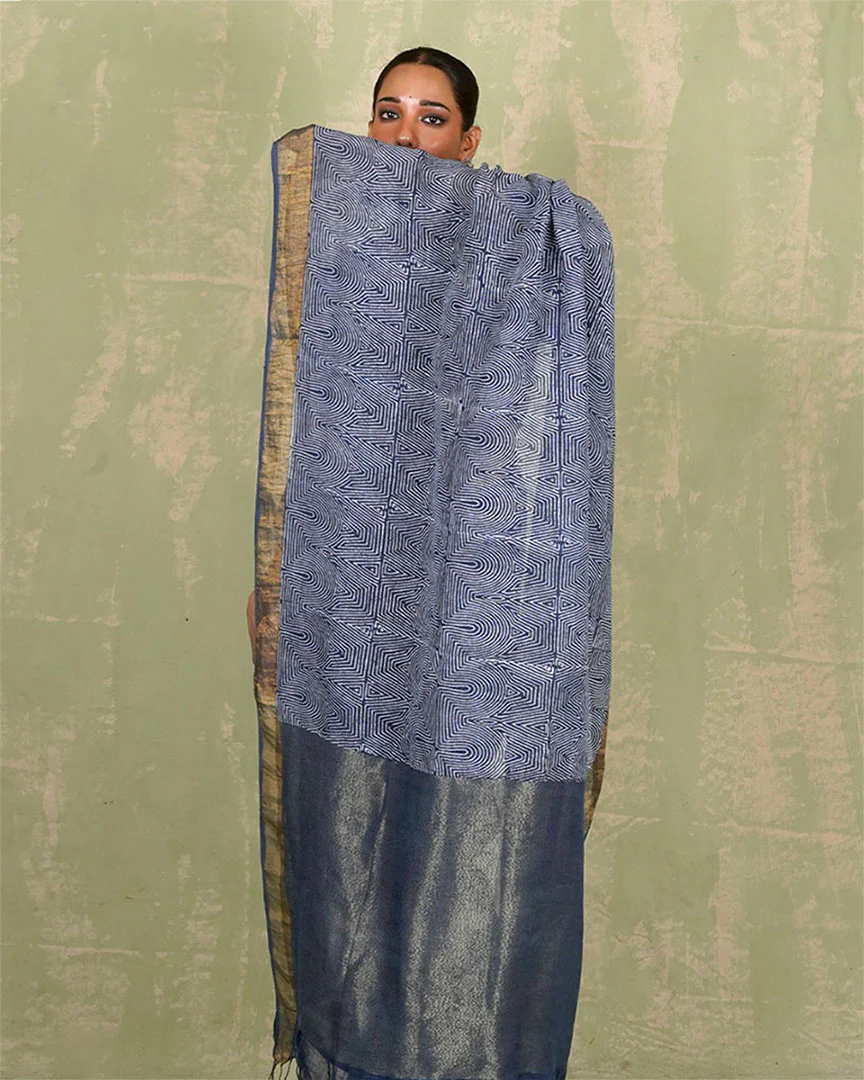 Sanjh Tarini Blue Handblock Print Linen Saree - INDI - Image 6