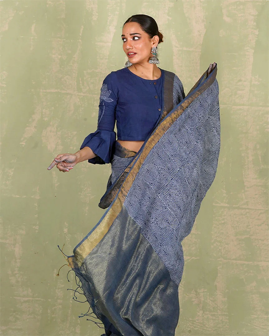 Sanjh Tarini Blue Handblock Print Linen Saree - INDI - Image 7