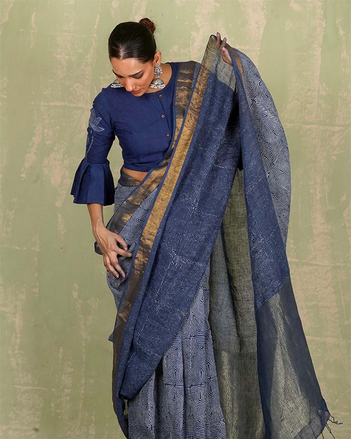 Sanjh Tarini Blue Handblock Print Linen Saree - INDI - Image 8