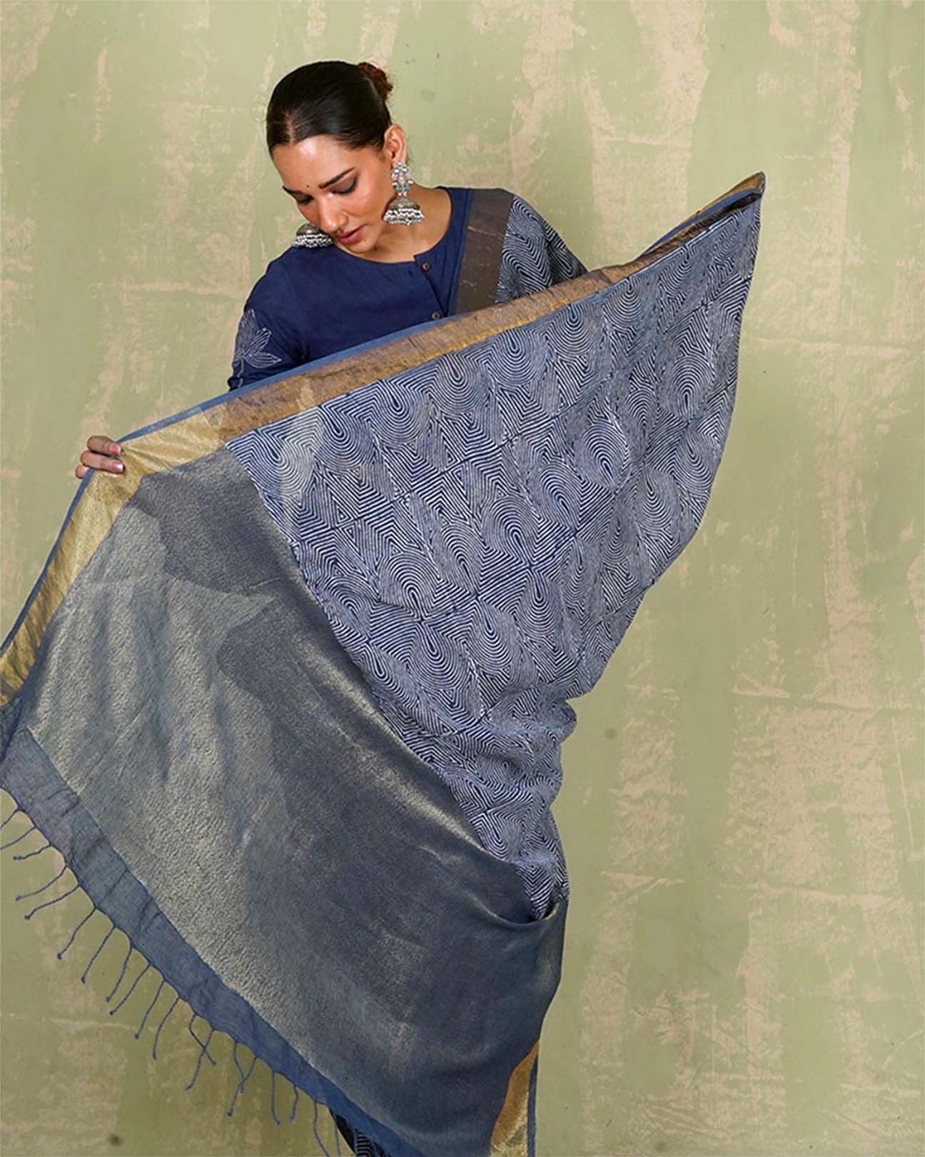 Sanjh Tarini Blue Handblock Print Linen Saree - INDI - Image 9