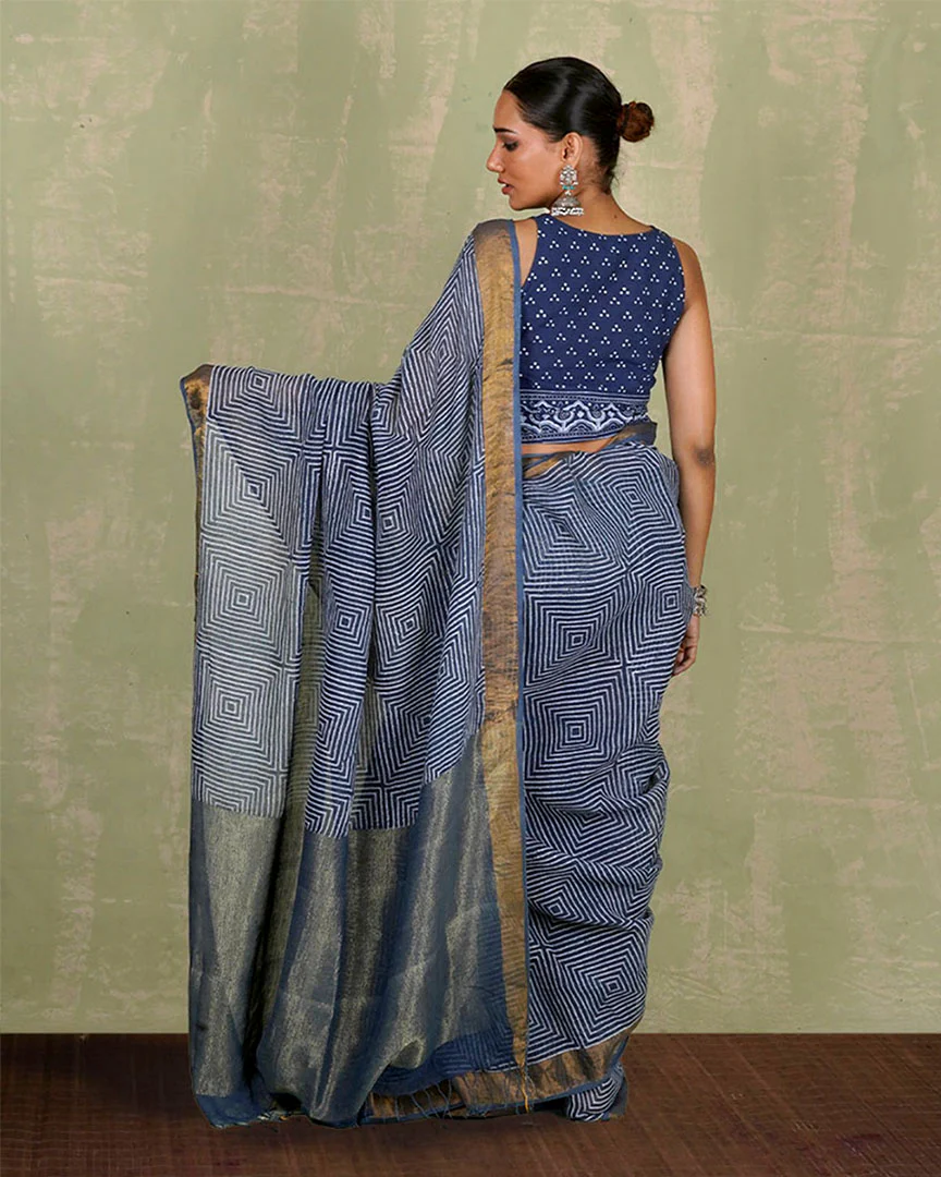 Sarang Blue Handblock Print Linen Saree - INDI - Image 3