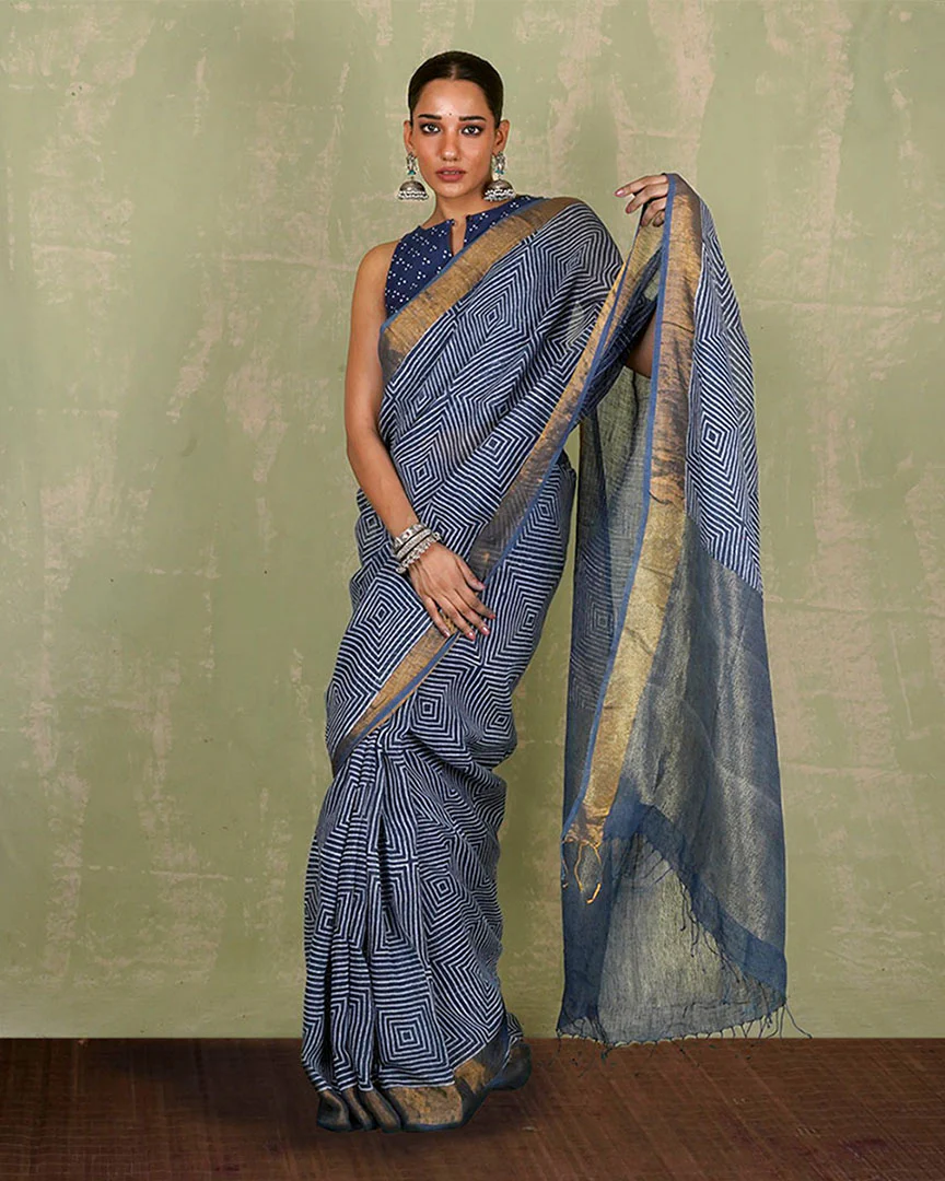 Sarang Blue Handblock Print Linen Saree - INDI - Image 6