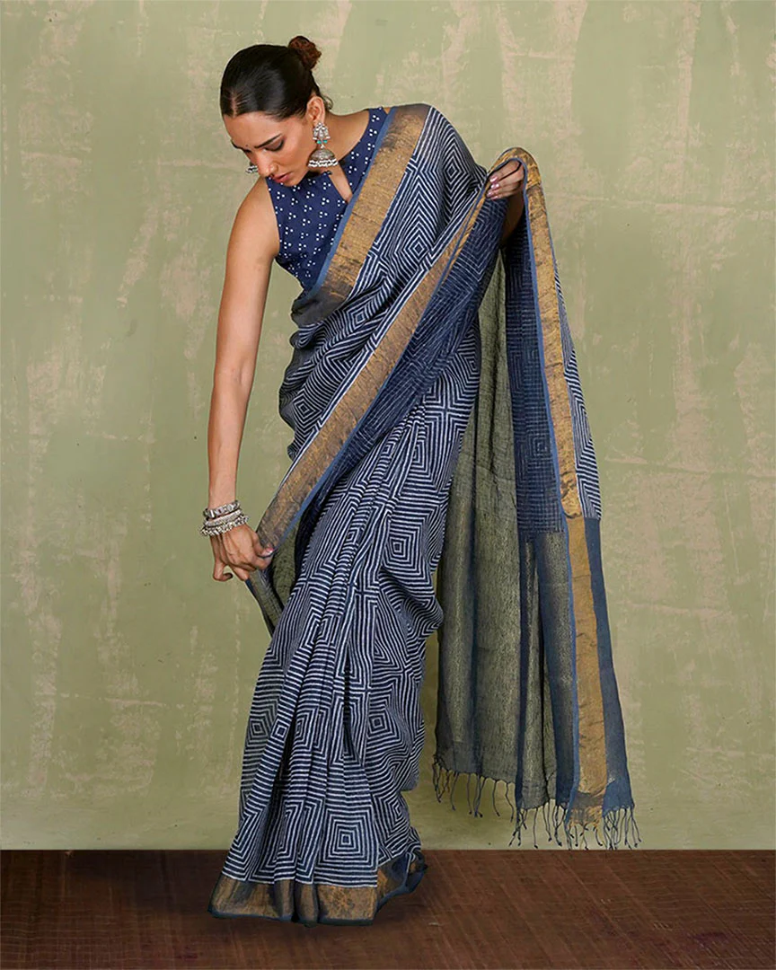 Sarang Blue Handblock Print Linen Saree - INDI - Image 7