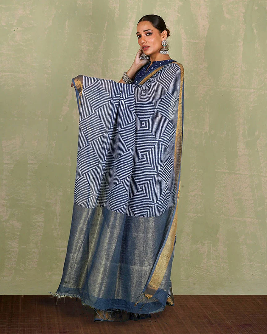Sarang Blue Handblock Print Linen Saree - INDI - Image 8