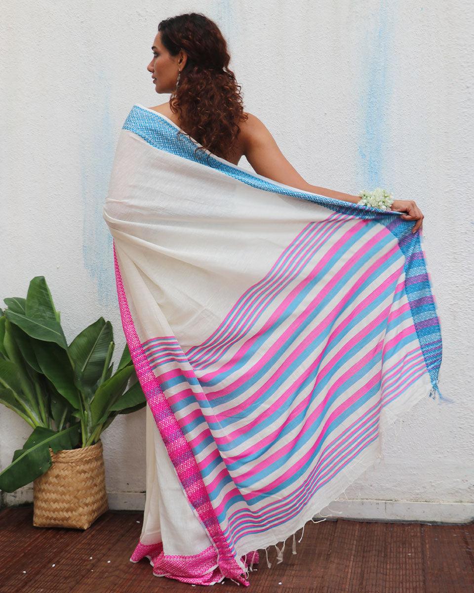 Savitri Ivory Handwoven Linen Cotton Jamdani Saree - Uma - Image 4