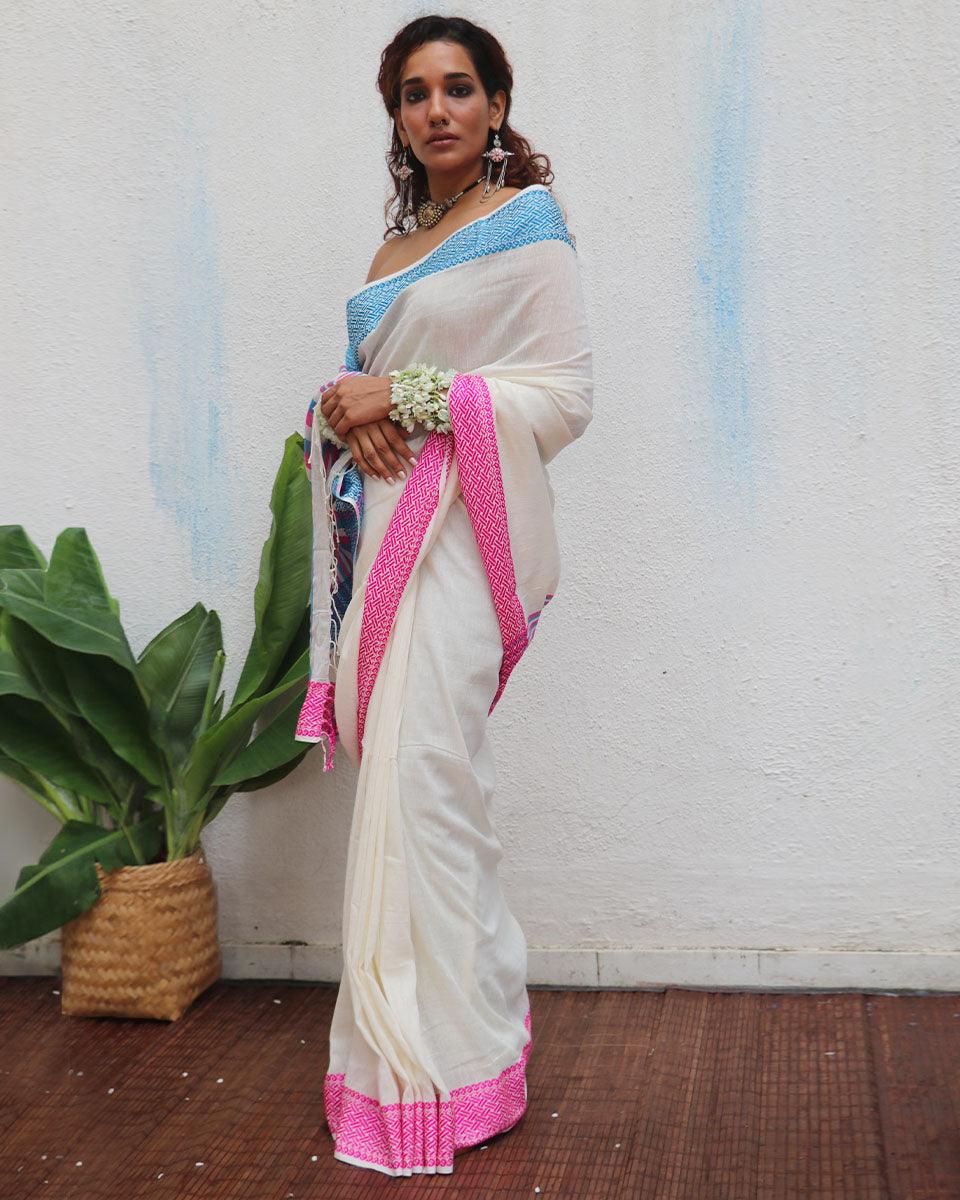 Savitri Ivory Handwoven Linen Cotton Jamdani Saree - Uma - Image 6