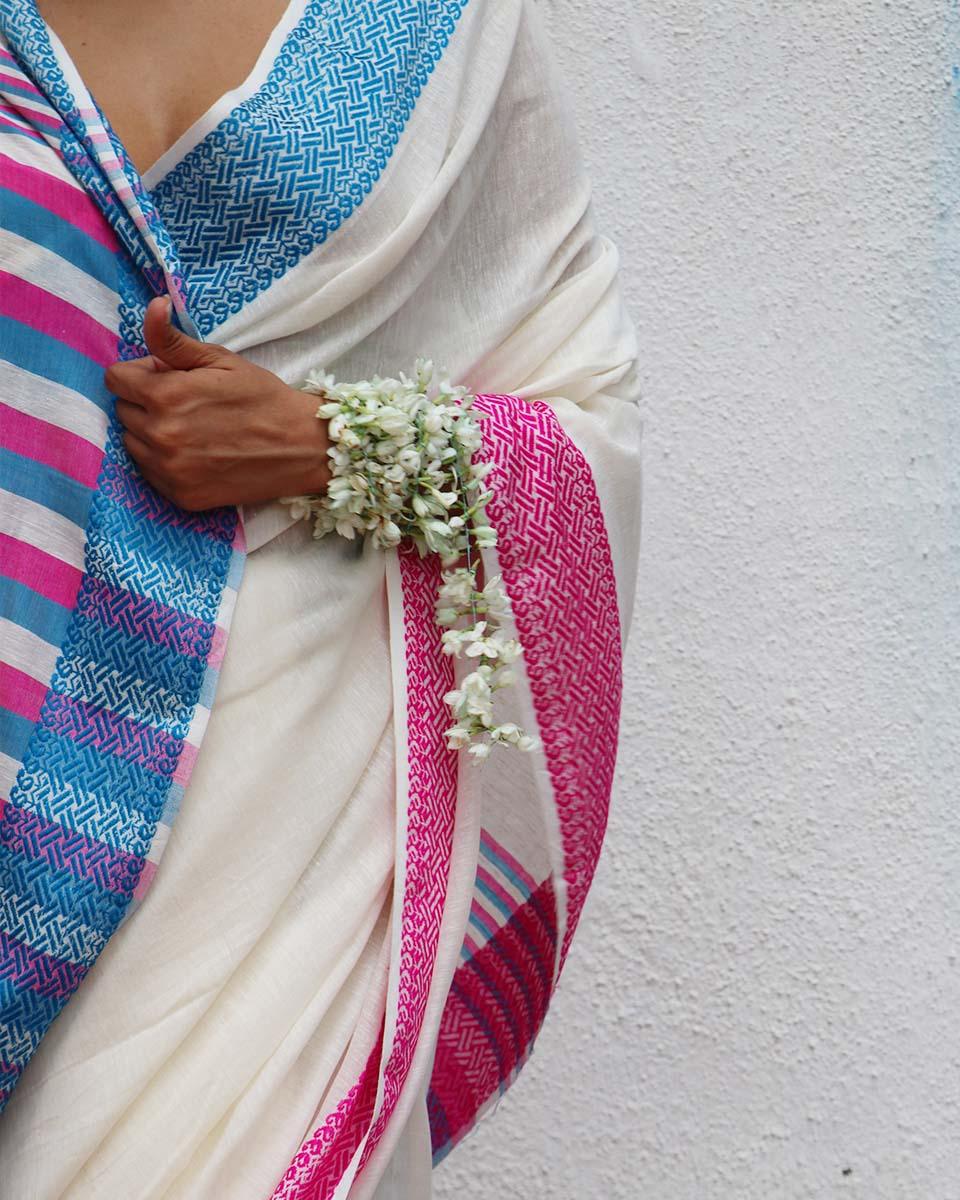 Savitri Ivory Handwoven Linen Cotton Jamdani Saree - Uma - Image 7