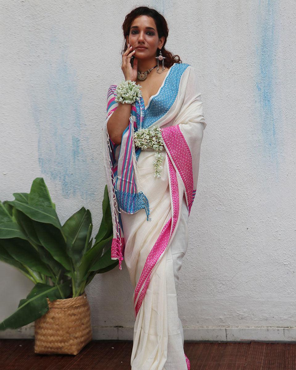 Savitri Ivory Handwoven Linen Cotton Jamdani Saree - Uma - Image 8