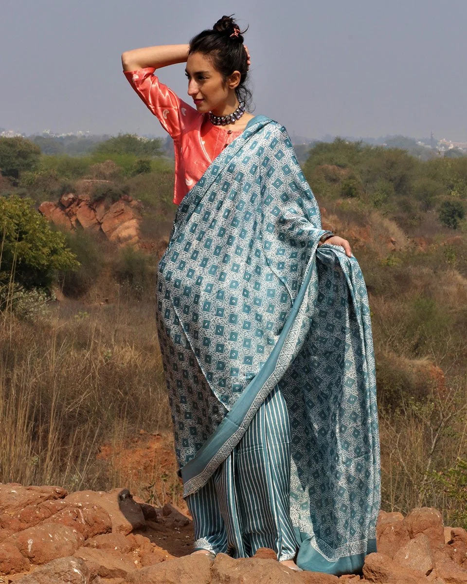 Sea Blue Blockprinted Modal Silk Saree - Image 5