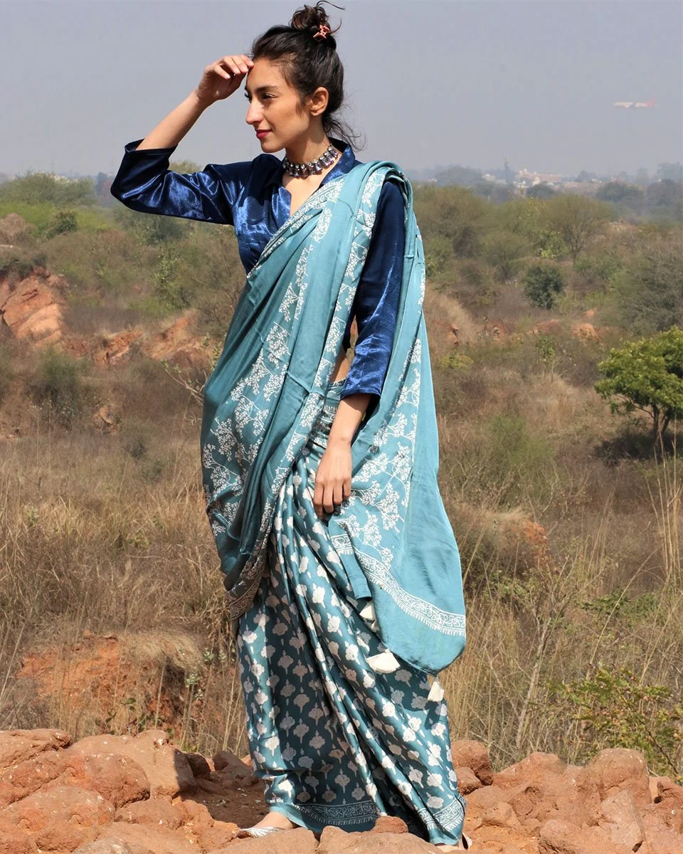 Sea Blue Blockprinted Modal Silk Saree Bel - Image 2