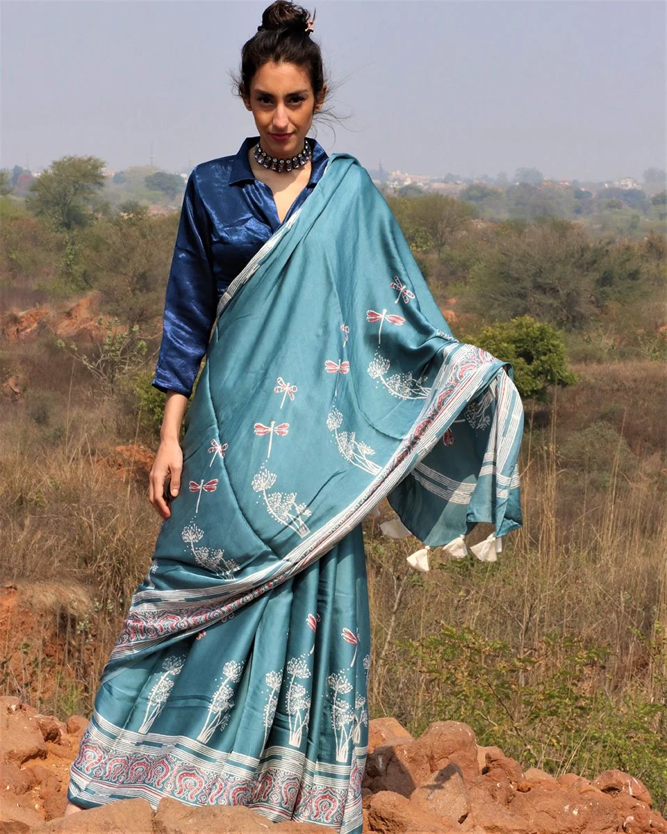 Sea Blue Blockprinted Modal Silk Saree Dragonfly - Image 2