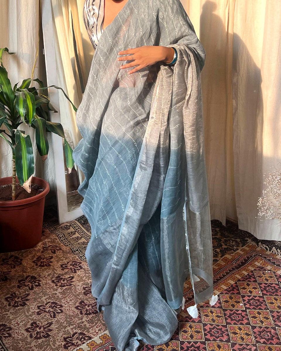 Stone Grey Blockprinted Handwoven Linen Zari Saree - Anant - Image 6