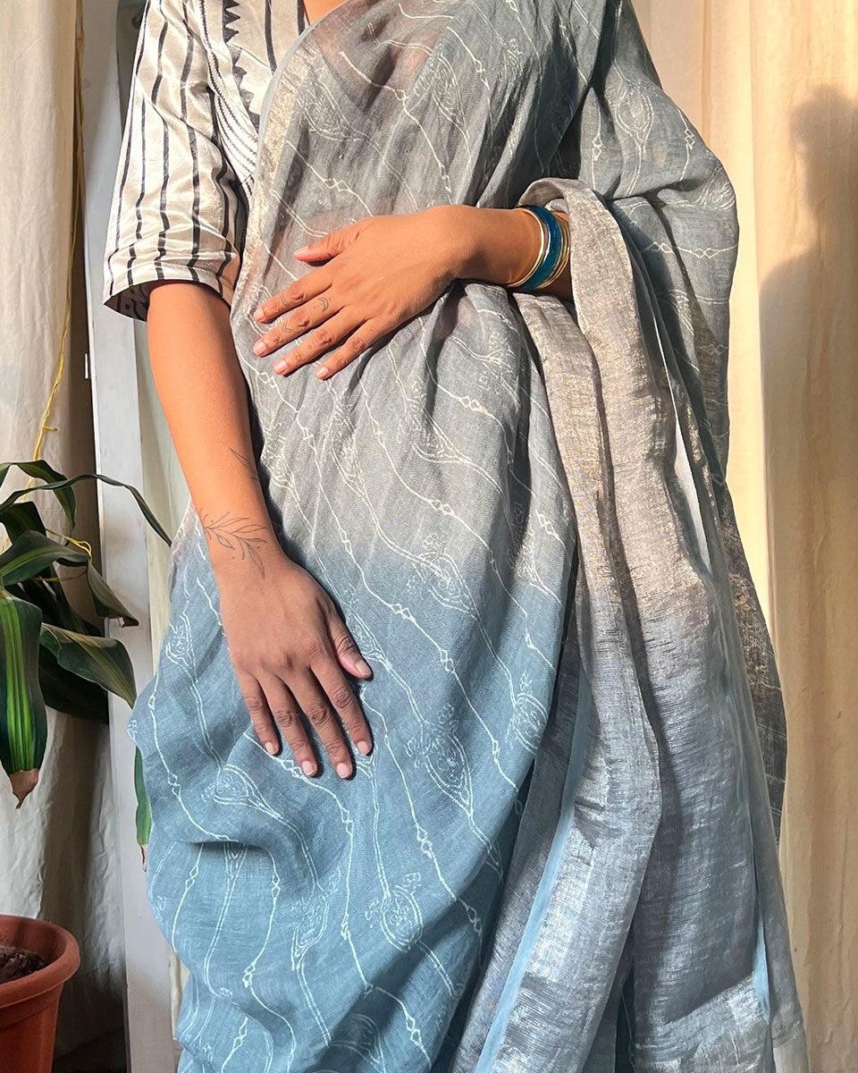 Stone Grey Blockprinted Handwoven Linen Zari Saree - Anant - Image 7