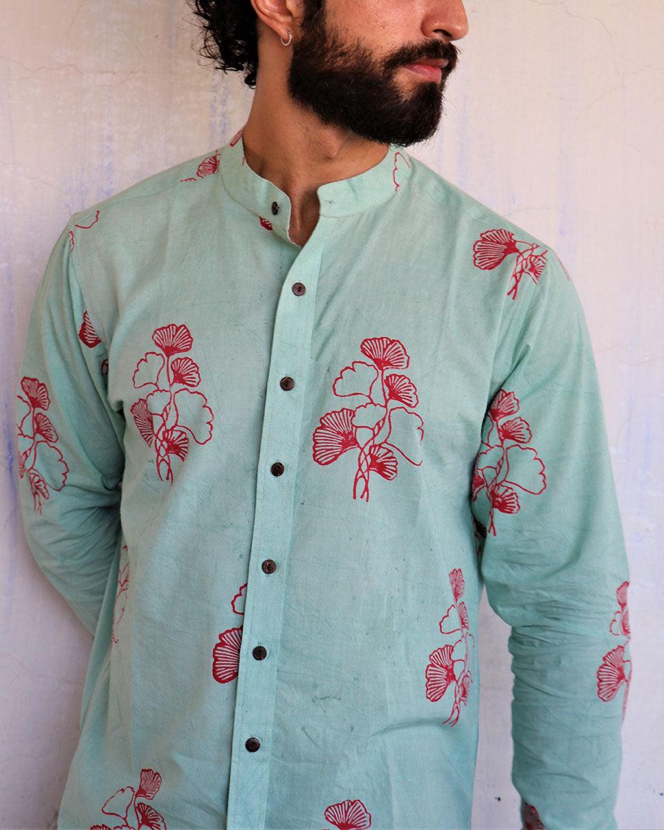 Sea Blue Ginkgo Blockprinted Men'S Shirt - Image 5