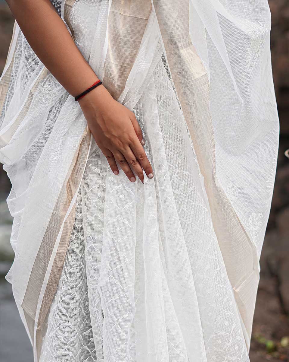 Seafoam cream Kota Doria Ivory Block Printed Saree - SFD - Image 5