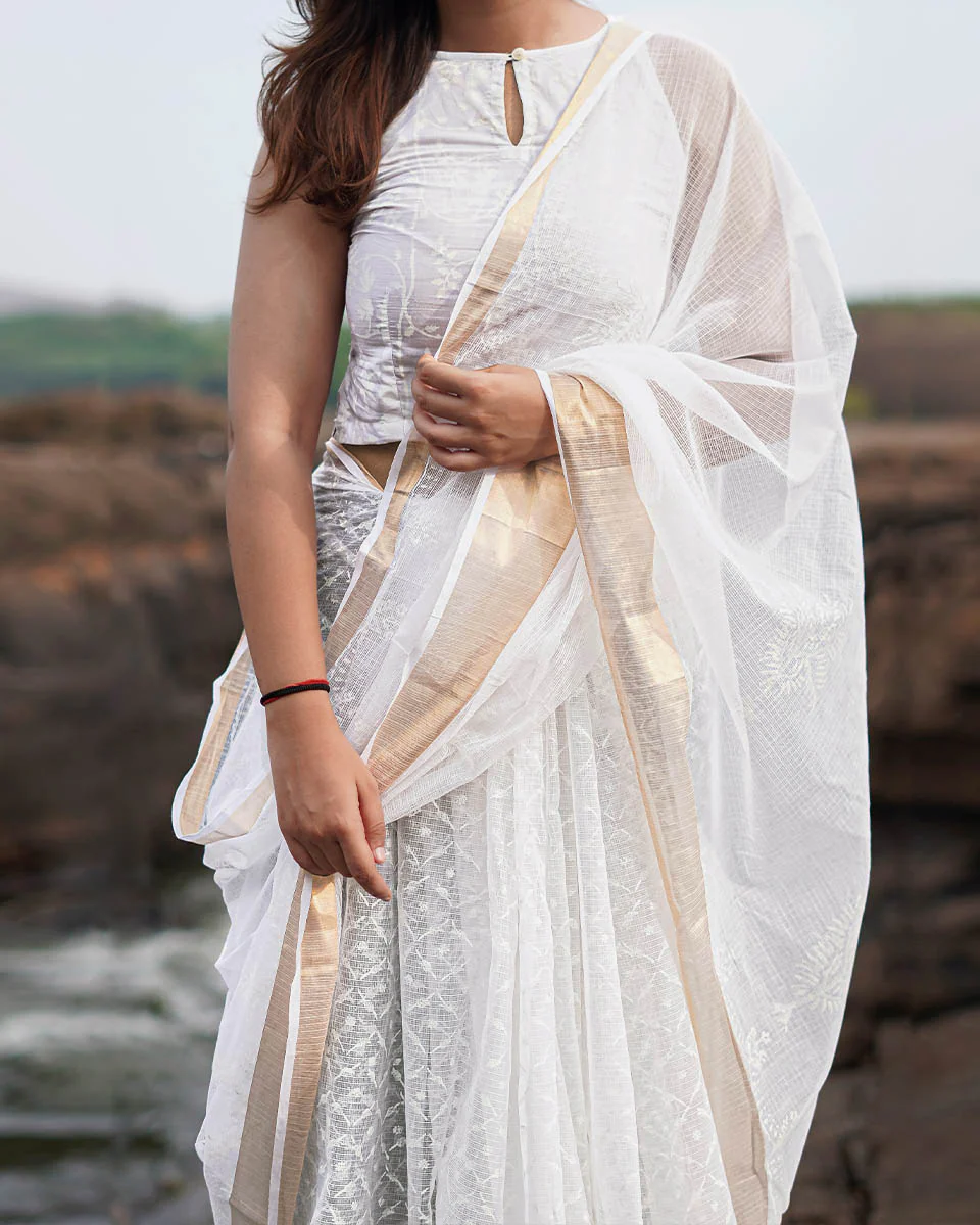 Seafoam cream Kota Doria Ivory Block Printed Saree - SFD - Image 6