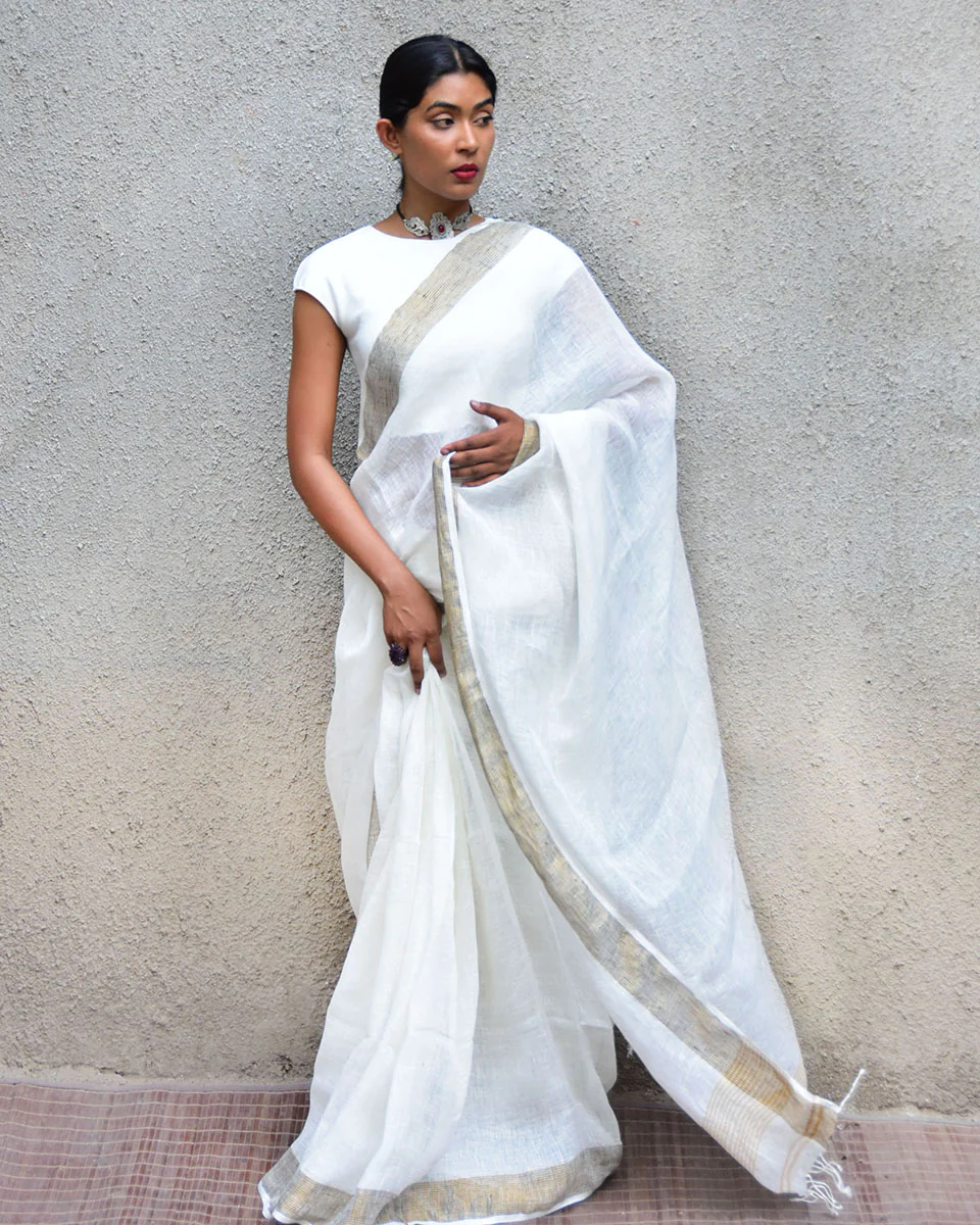 Selene Handwoven Linen Saree- Stardust - Image 2
