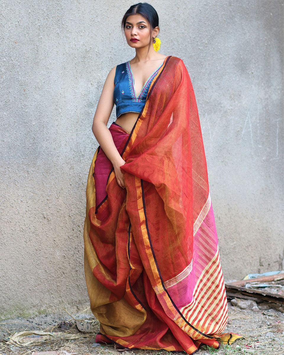 Shabab Handwoven Linen Zari Saree - Gazala - Image 4