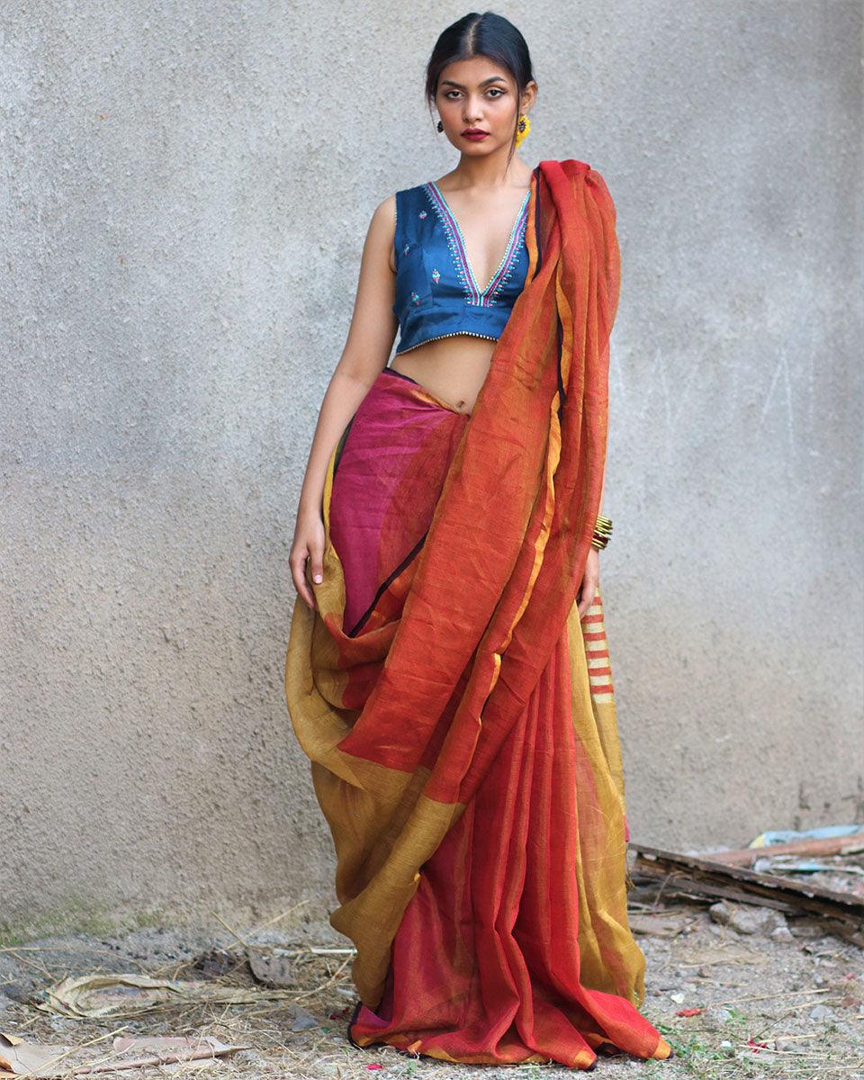 Shabab Handwoven Linen Zari Saree - Gazala - Image 5