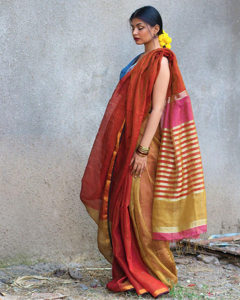 Shabab Handwoven Linen Zari Saree - Gazala - Image 6