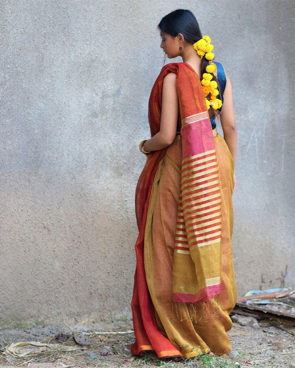 Shabab Handwoven Linen Zari Saree - Gazala - Image 7
