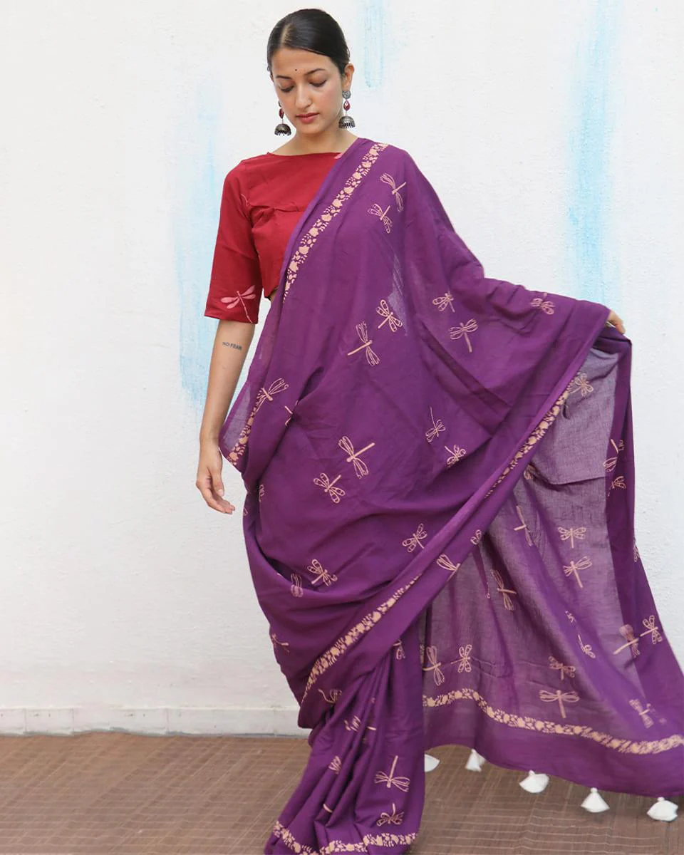 Shallot Handblockprinted Cotton Saree - Fmtm - Image 2