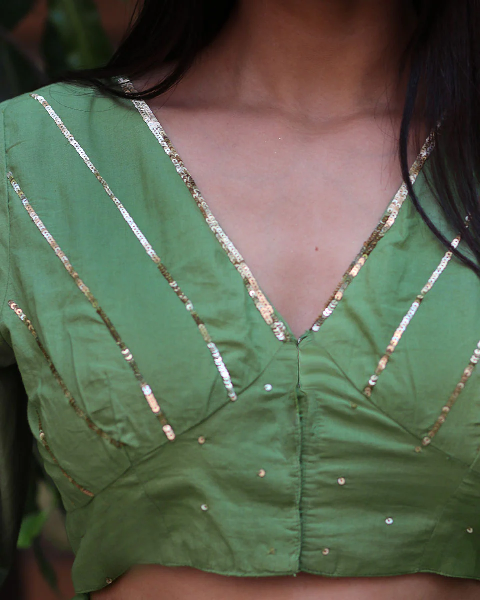 Shimmer Moss Green Mulmul Cotton Blouse - Jugnoo - Image 2