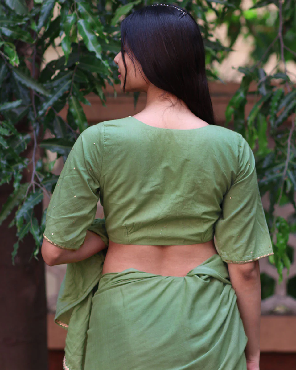 Shimmer Moss Green Mulmul Cotton Blouse - Jugnoo - Image 3