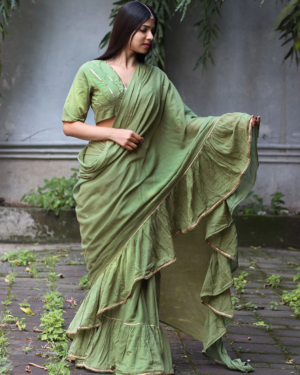 Shimmer Moss Green Mulmul Cotton Blouse - Jugnoo - Image 4