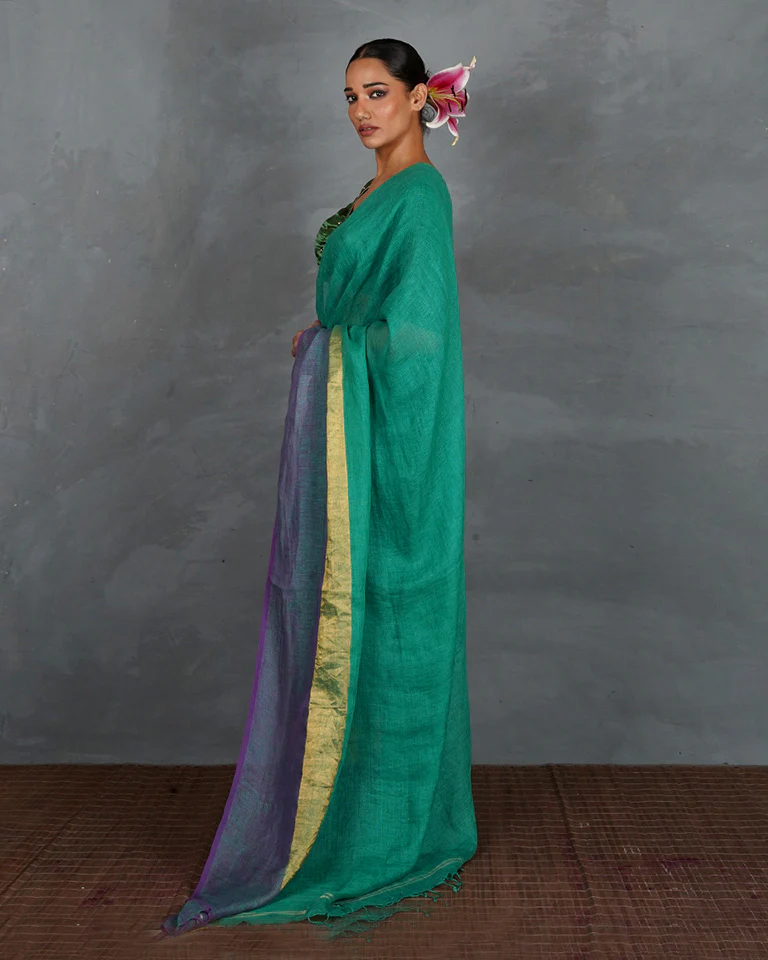 Shimmer On Green Handwoven Linen Saree - TARA - Image 7