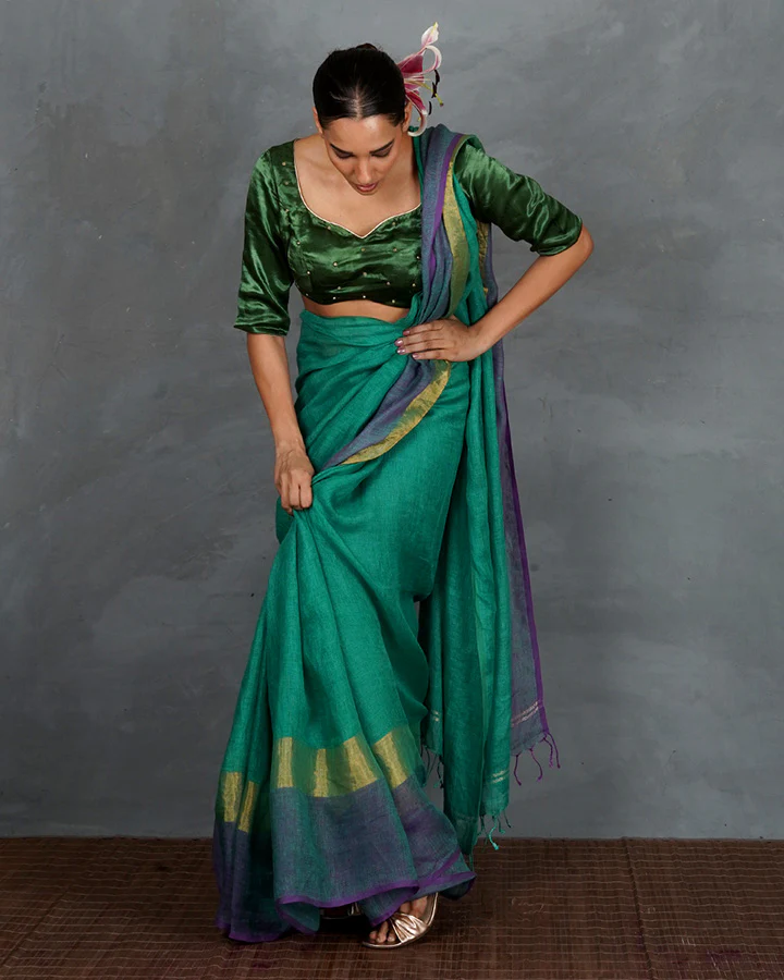 Shimmer On Green Handwoven Linen Saree - TARA - Image 8