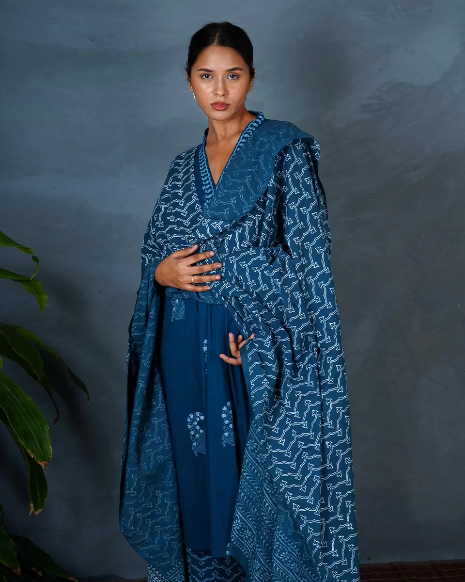 Shyama Teal Green Hand Block Printed Cotton Dupatta-MYA - Image 4