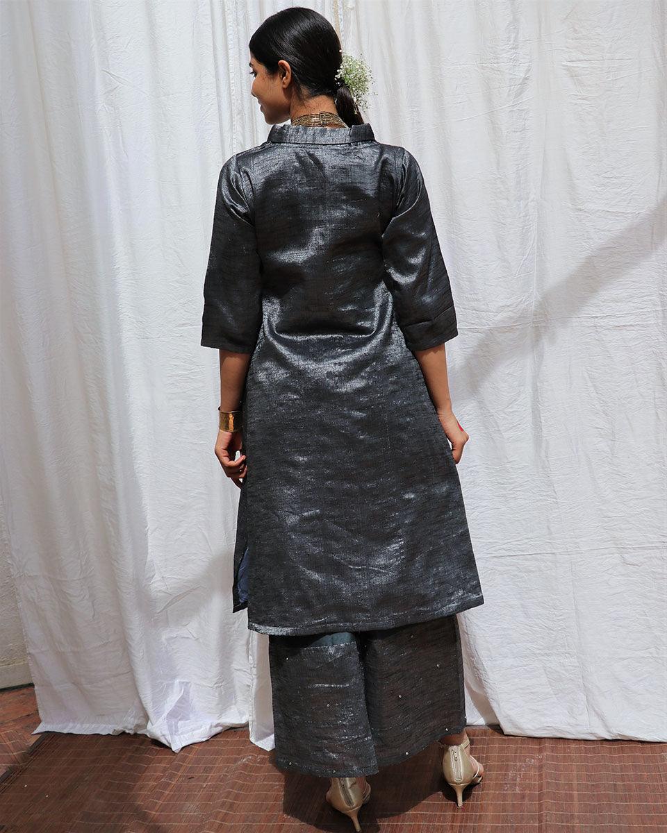 Shyamali Handwoven Cotton Zari Kurta Set - Zari - Image 5