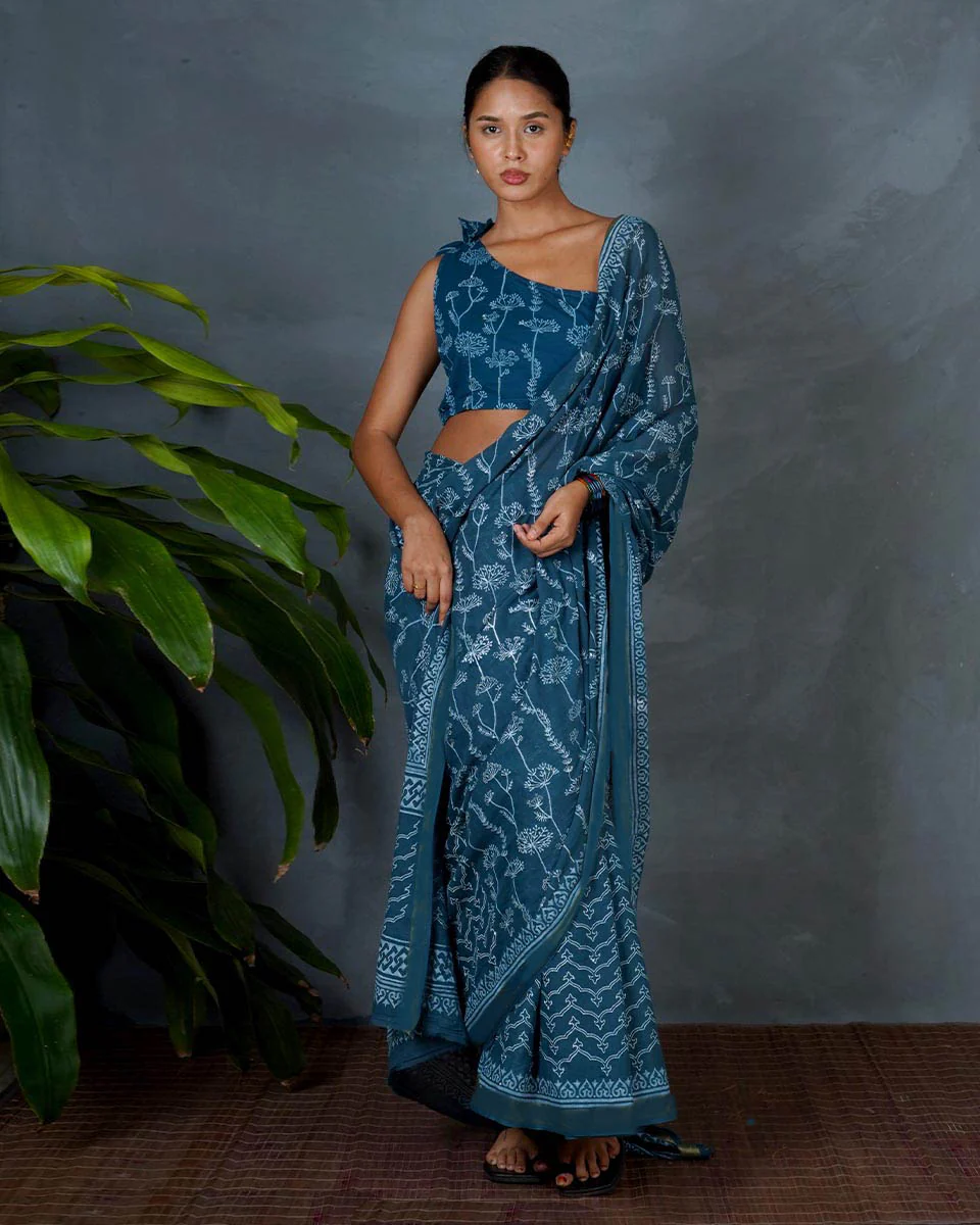 Sia Teal Green Hand Block Printed Cotton Saree-MYA