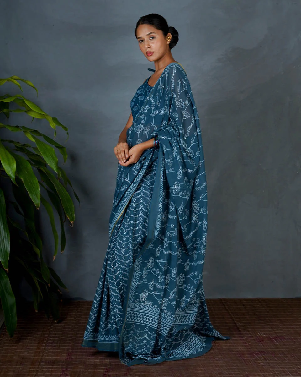 Sia Teal Green Hand Block Printed Cotton Saree-MYA - Image 5
