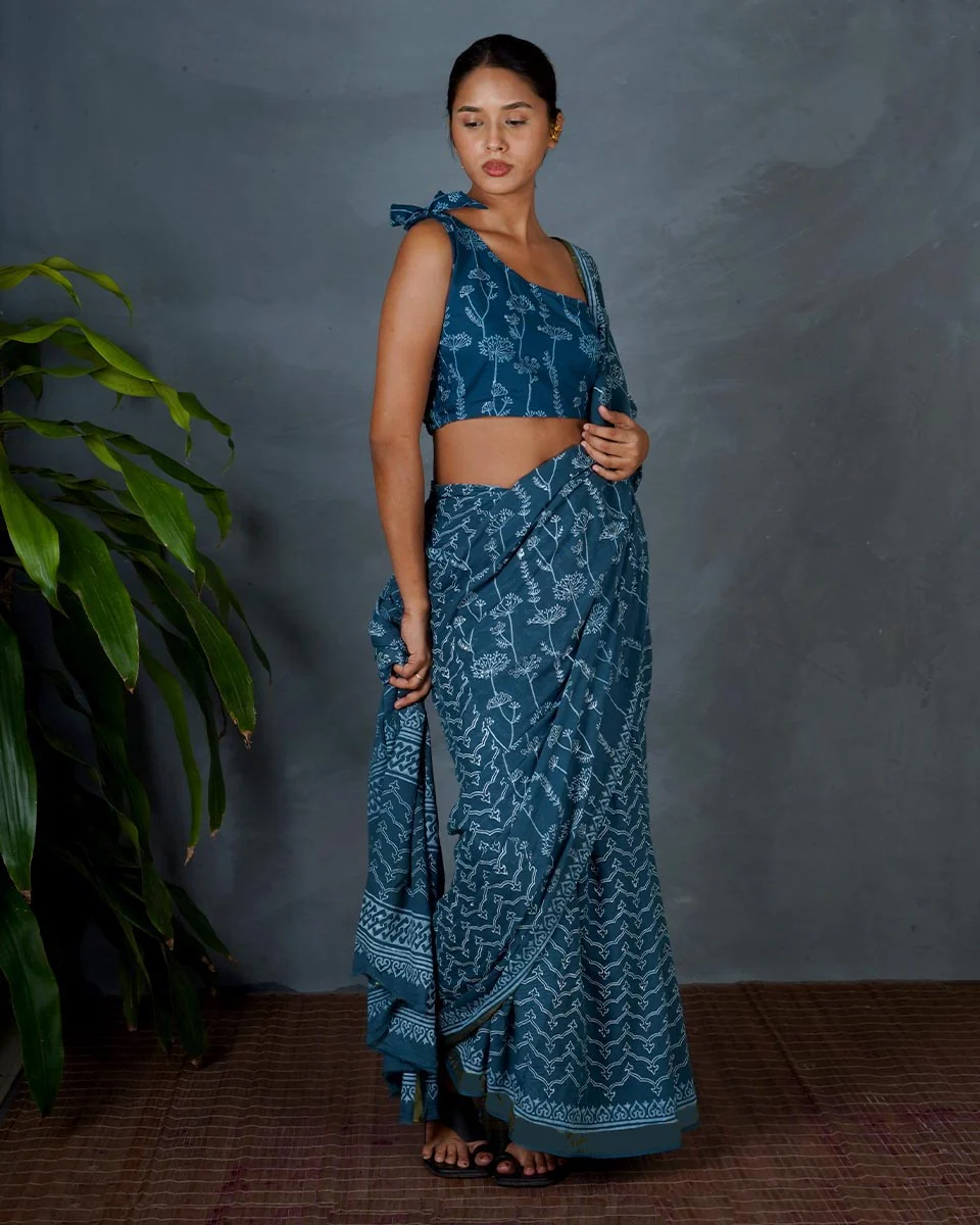 Sia Teal Green Hand Block Printed Cotton Saree-MYA - Image 7
