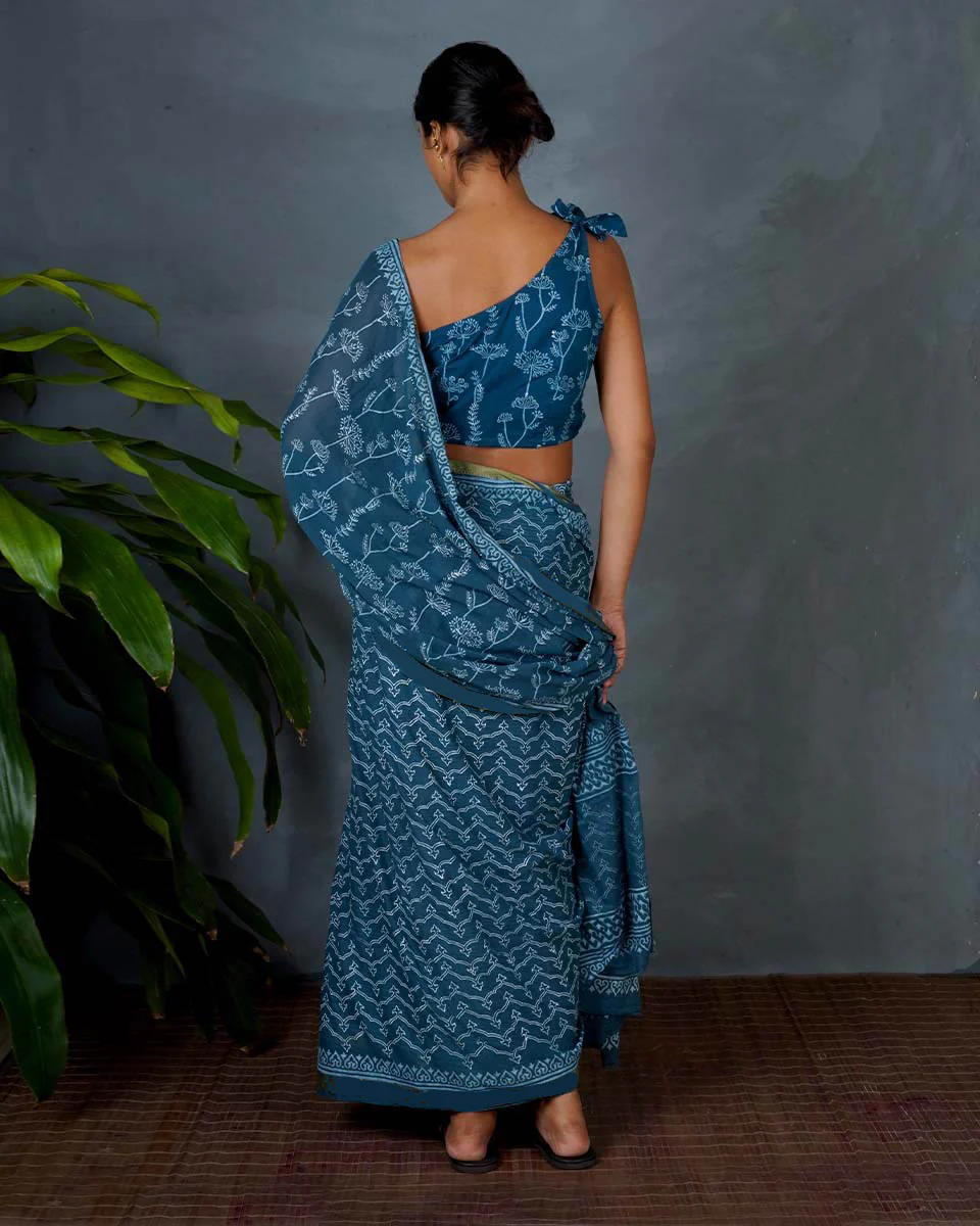 Sia Teal Green Hand Block Printed Cotton Saree-MYA - Image 9