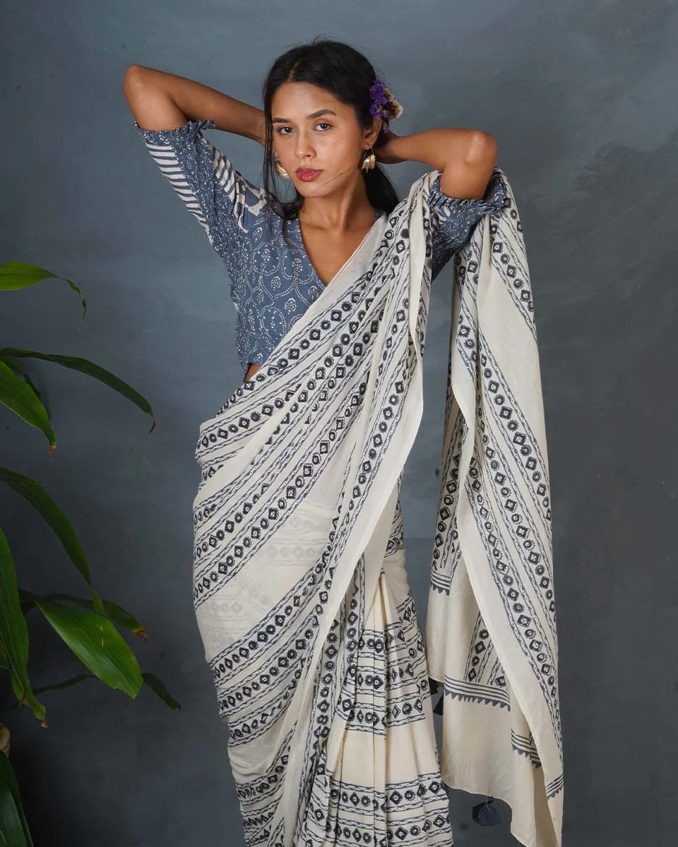 Sky Melt Ivory Block Printed Saree - BMS - Image 4