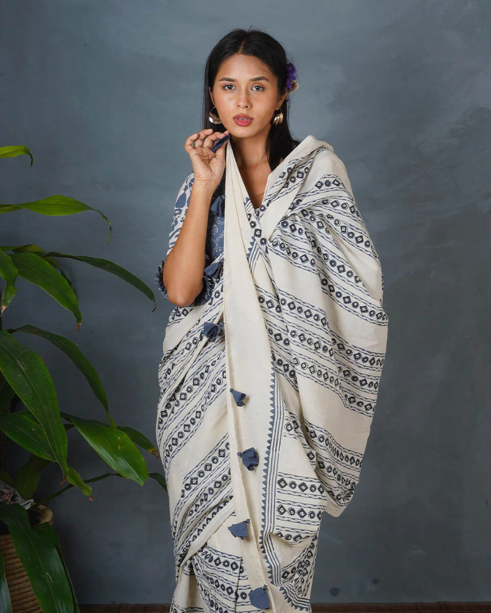 Sky Melt Ivory Block Printed Saree - BMS - Image 7